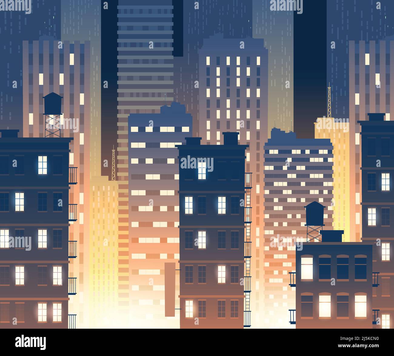 Vector illustration of modern buildings at night. Background with urban ...