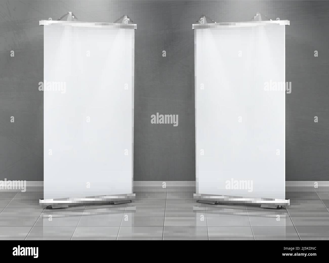 Vector realistic set of blank roll up banners, vertical stands for exhibition and business presentations, isolated on gray background. Mockup with whi Stock Vector