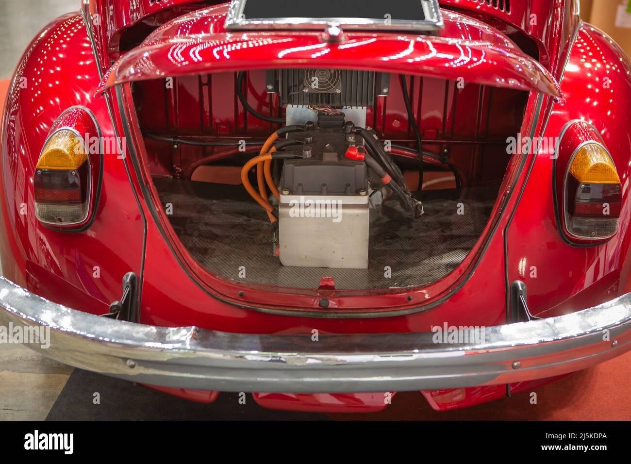 Bangkok, Thailand - March 9, 2022: Vintage VW beetle converted to EV car. Volkswagen conversion to electric car display in Metalex 2022. Stock Photo