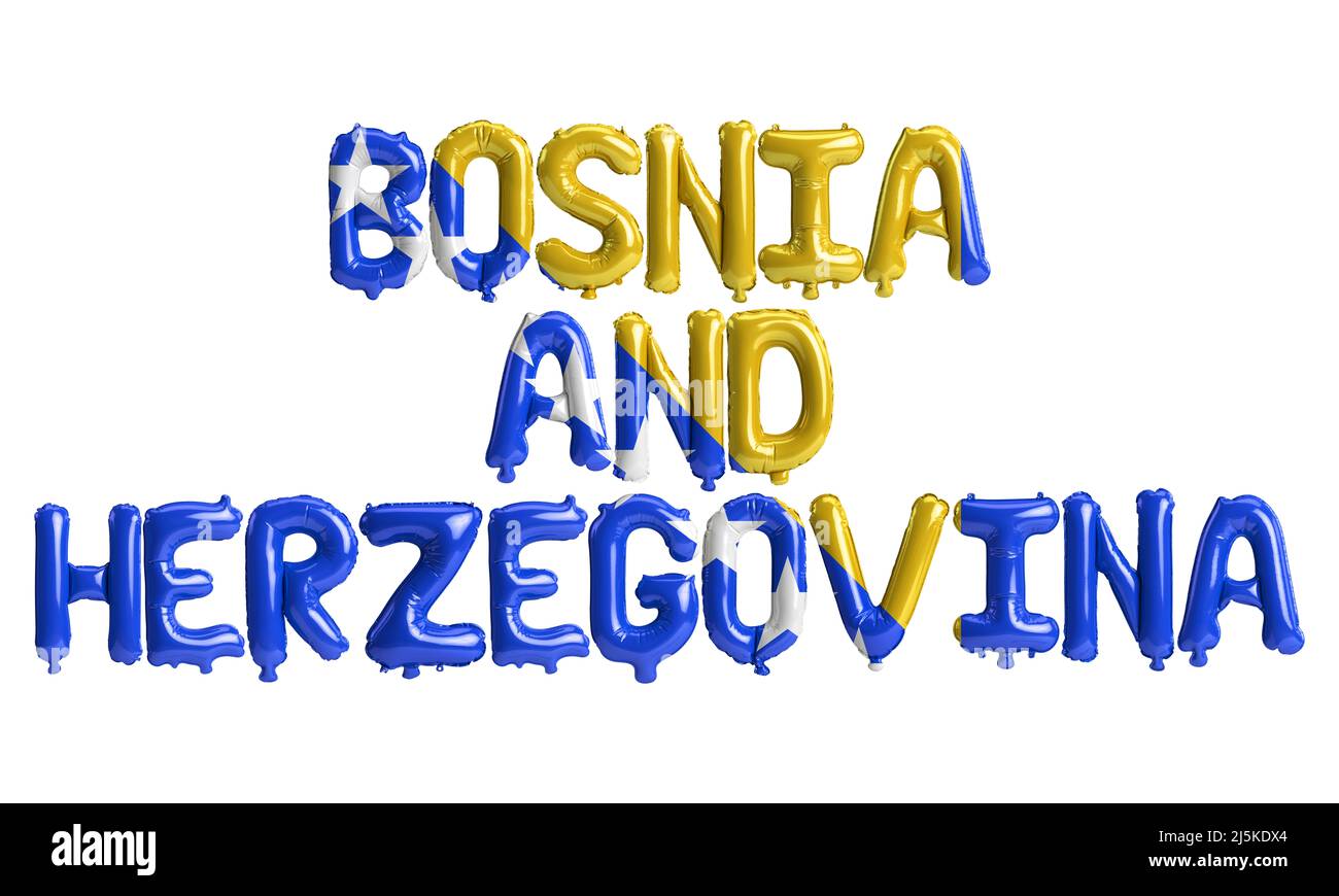 3d illustration of Bosnia-letter balloons with flags color isolated on ...