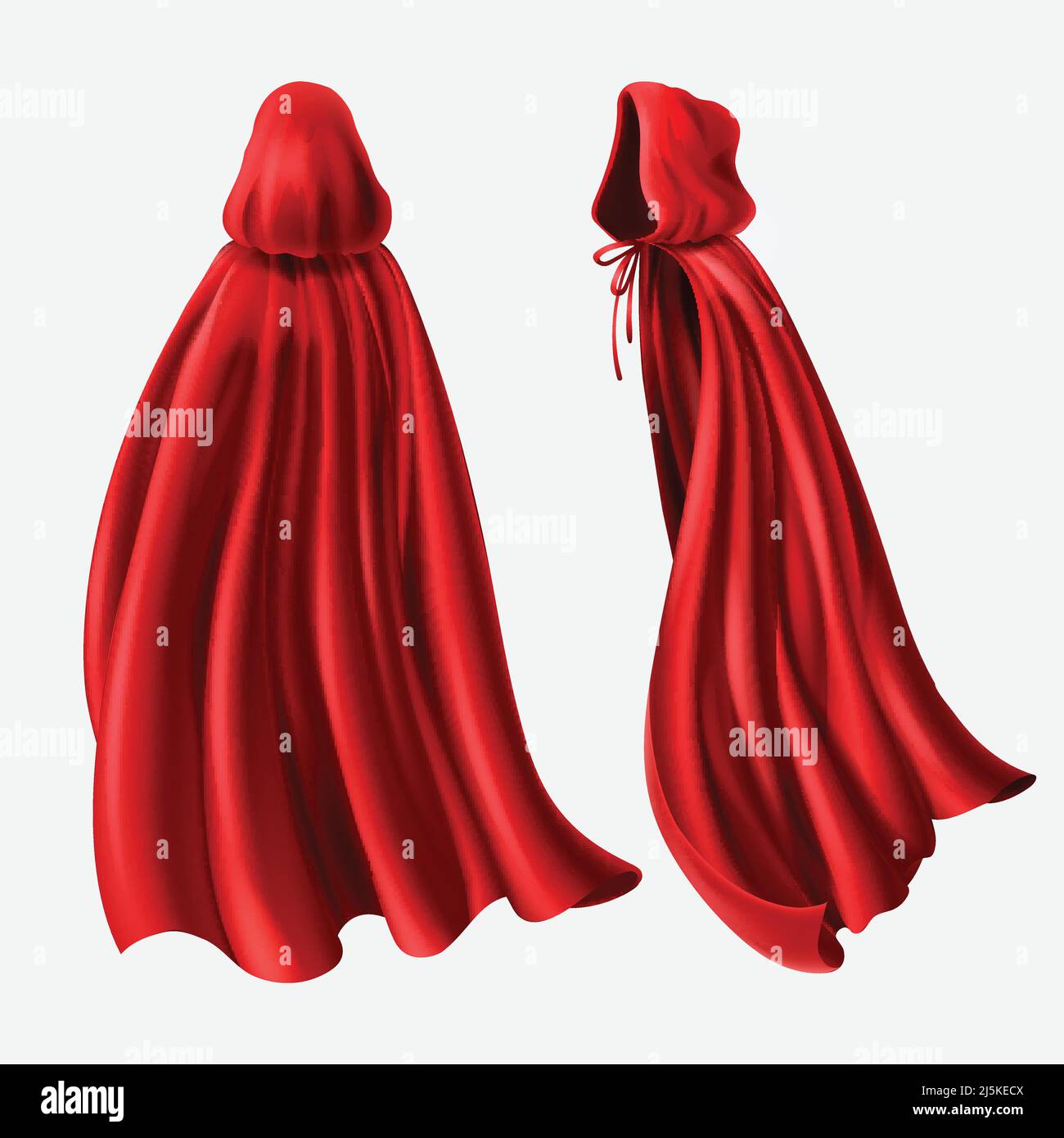 Vector realistic set of red cloaks with hood, flowing silk fabrics isolated on white. Satin wavy materials, drapery. Carnival clothes, decorative cost Stock Vector