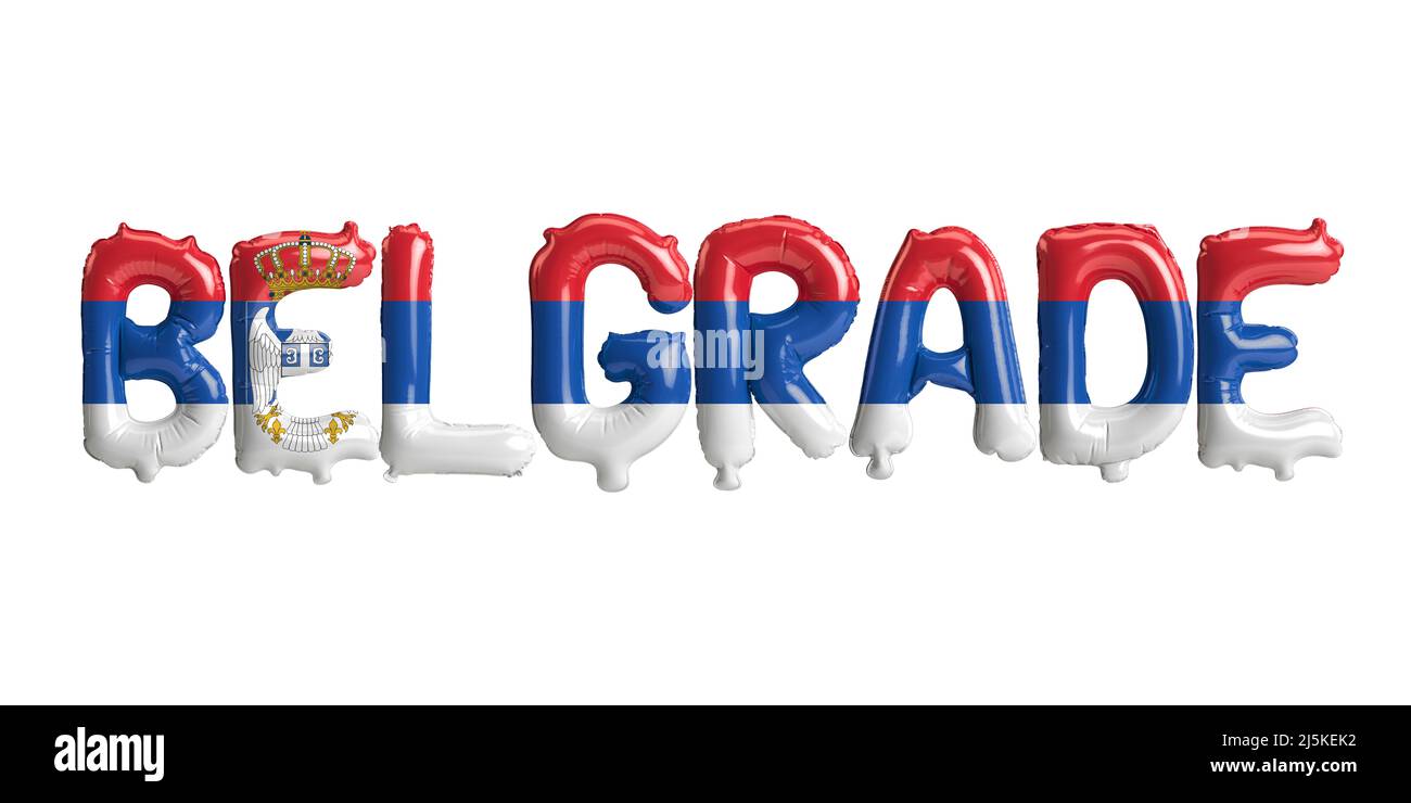 3d illustration of Belgrade capital balloons with Serbia flags color isolated on white Stock Photo