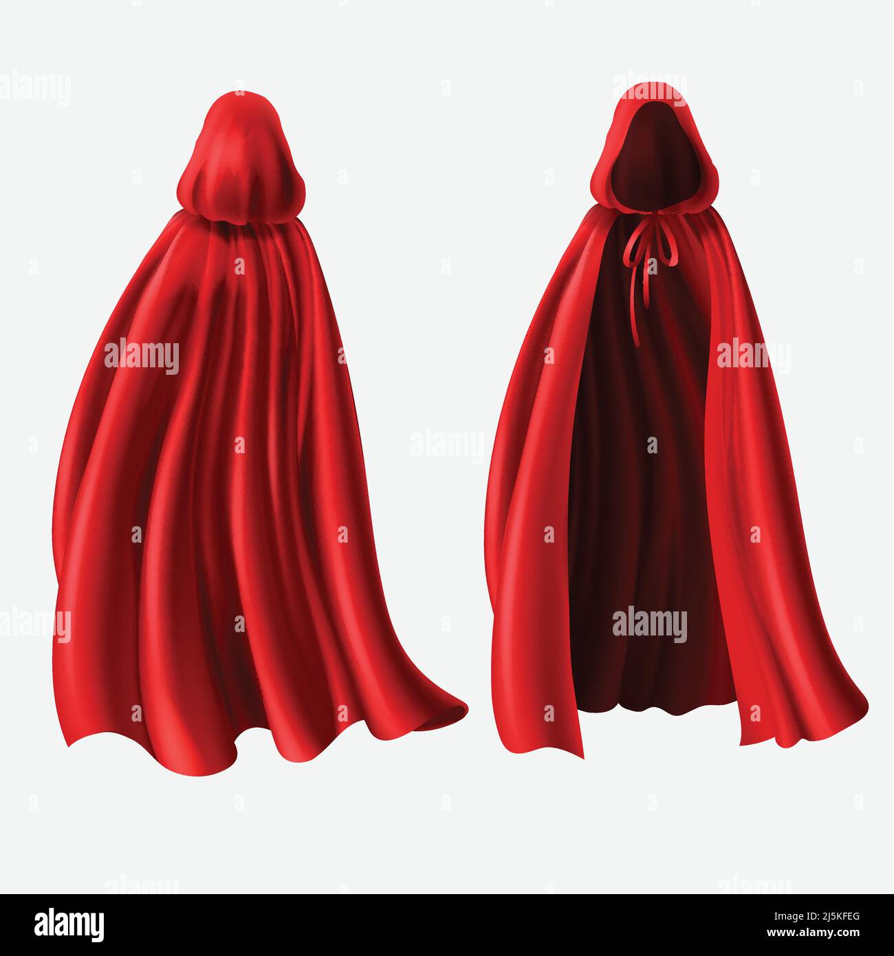 Vector realistic set of red cloaks with hoods isolated on white background. Carnival clothes, fancy dress, masquerade costume for superhero, vampire. Stock Vector