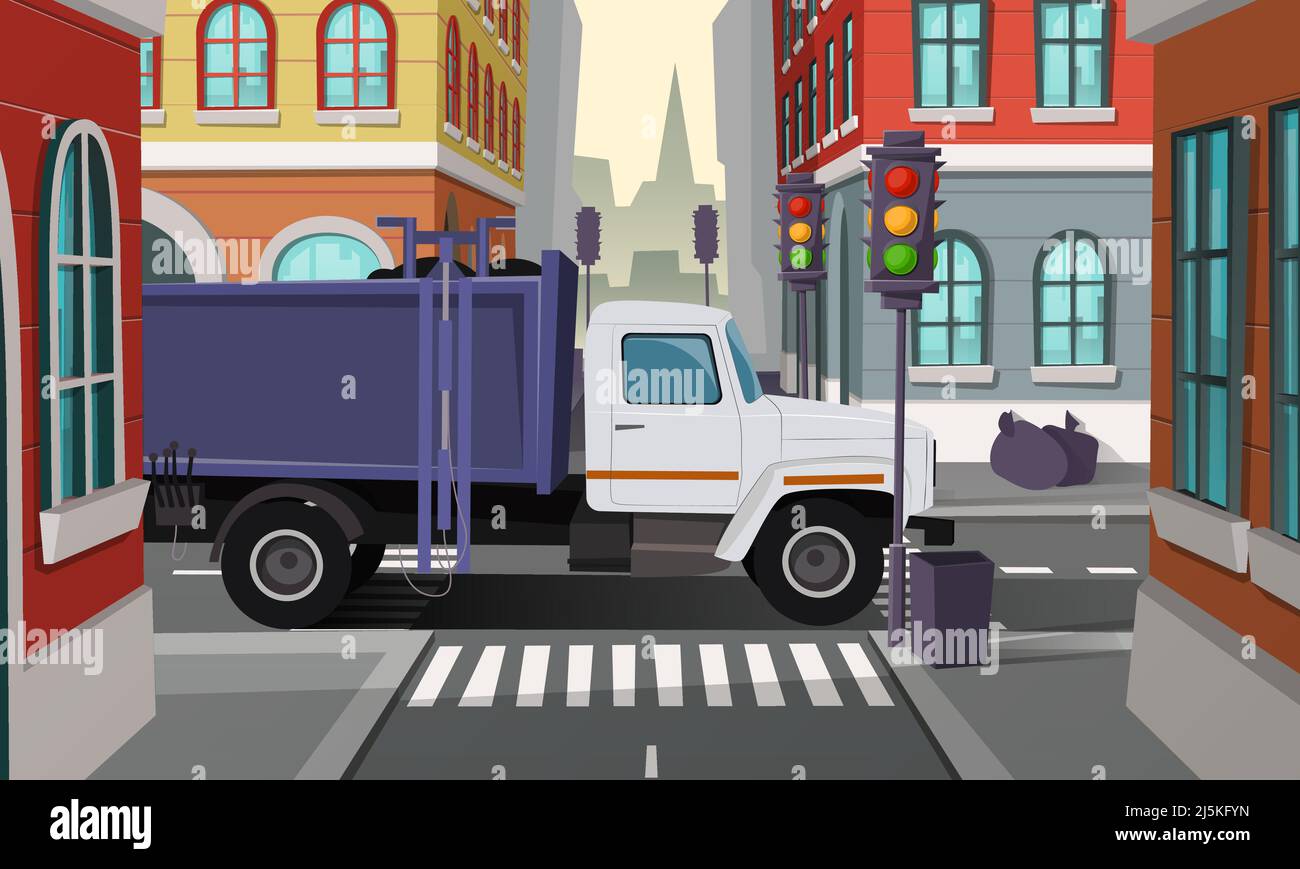 Vector city crossroads with rubbish truck. Car with trash, municipal