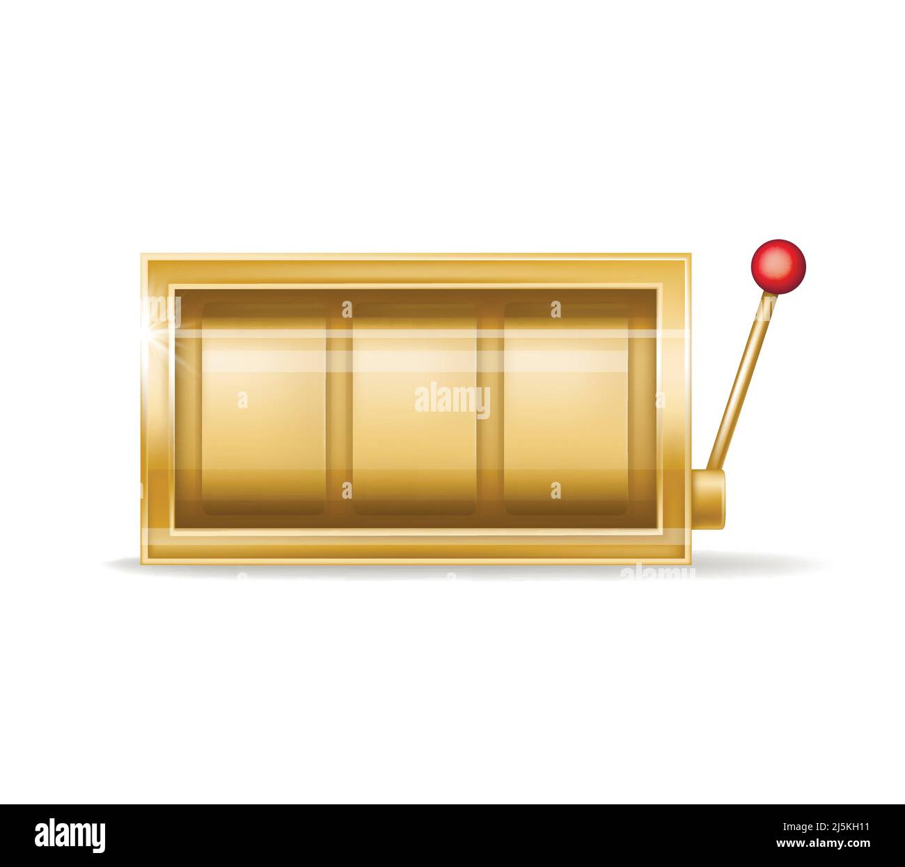 Vector golden slot machine with empty reel, shiny metal element. One-handed bandit with coins, jackpot. Gambling equipment with shadow isolated on whi Stock Vector