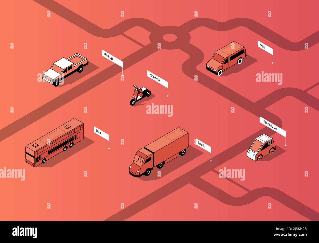 Vector set of isometric urban transportation on road. Cars with shadows on route, isolated on red background. Automobiles - bus, truck and others. Cit Stock Vector