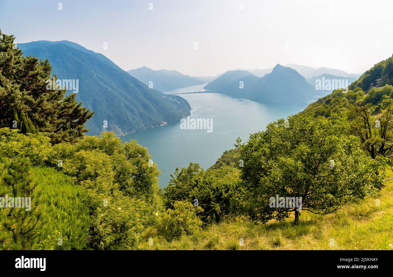 Scenic view of lake Lugano from Monte Bre, Ticino, Switzerland Stock Photo