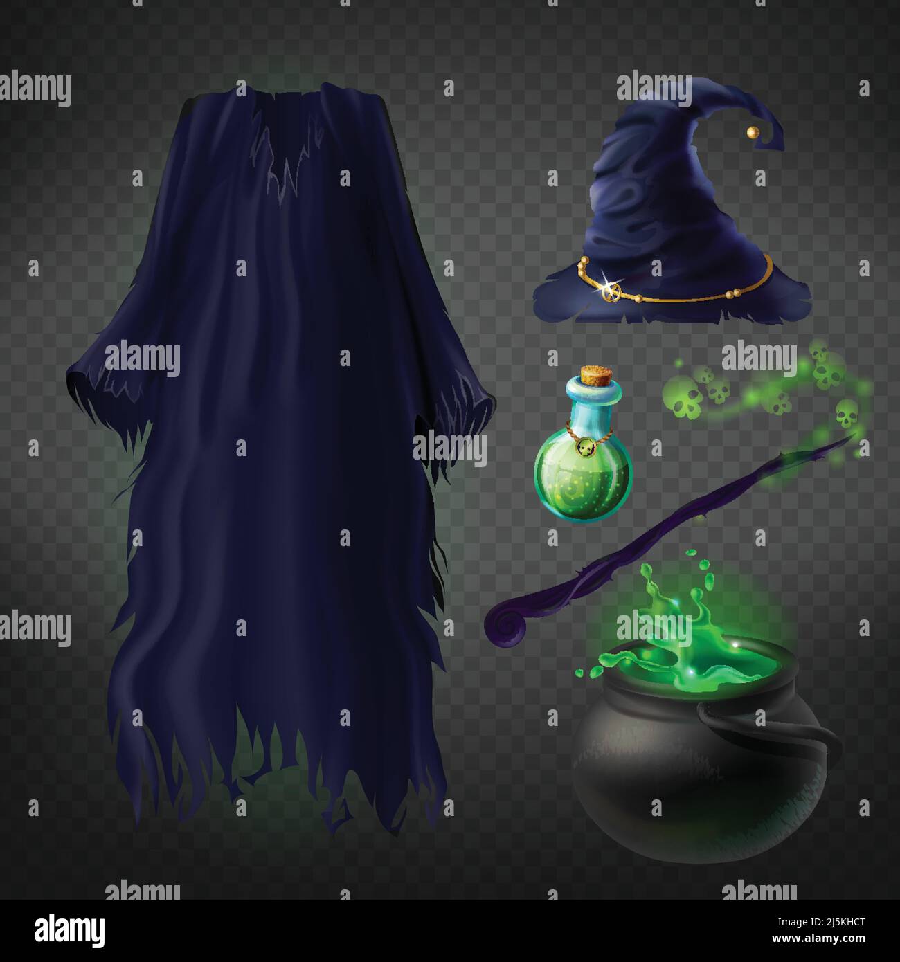 Vector set with witch costume for Halloween party and magical