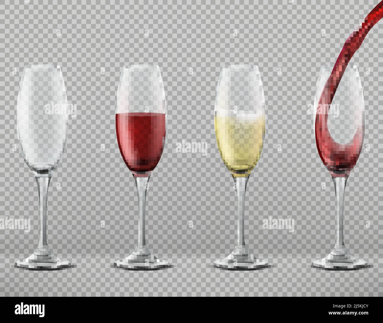 Vector realistic set of tall glasses empty, with pouring red wine, white merlot or champagne isolated on transparent background. Clipart of wineglasse Stock Vector