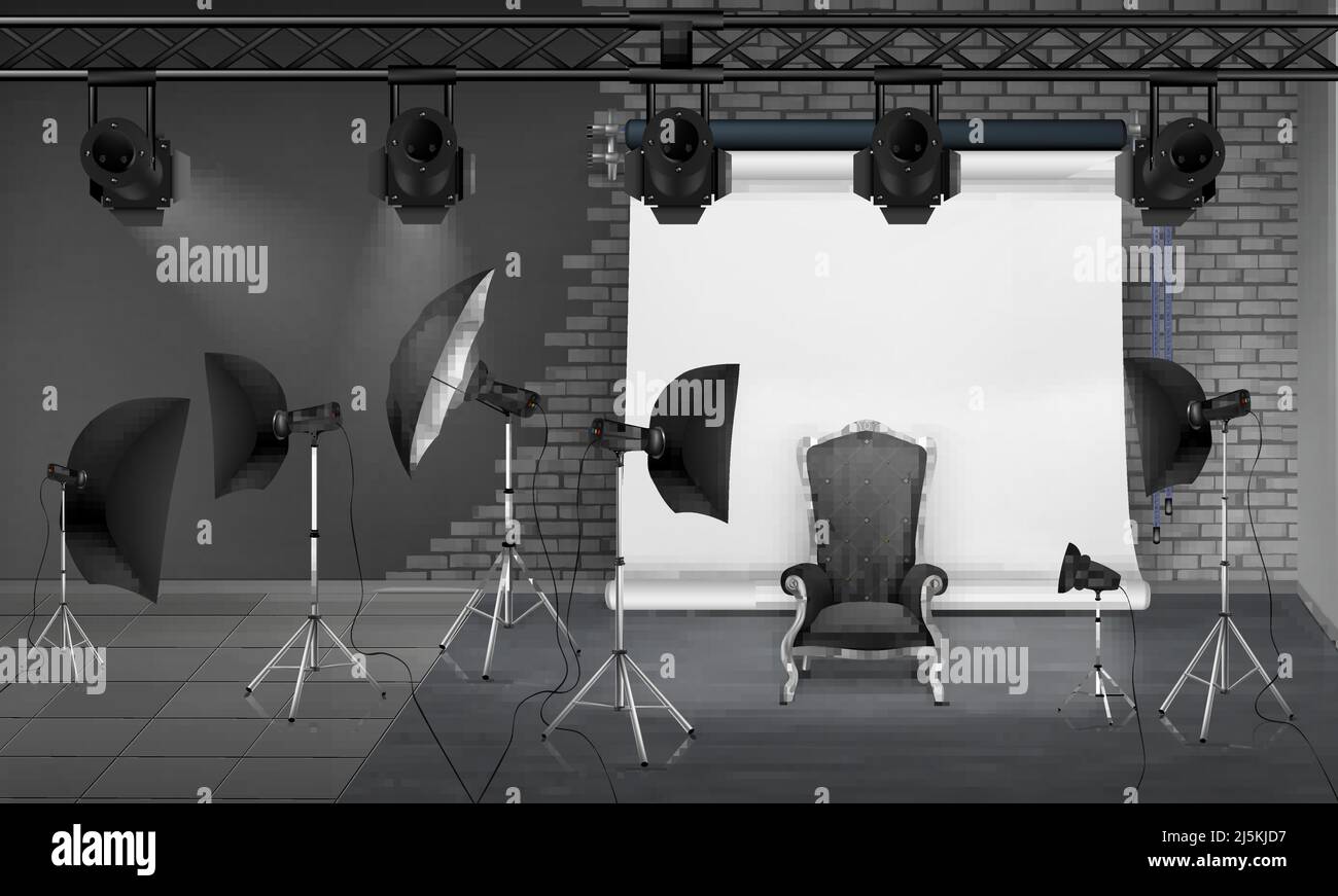 Vector photo studio interior with empty armchair, gray brick wall