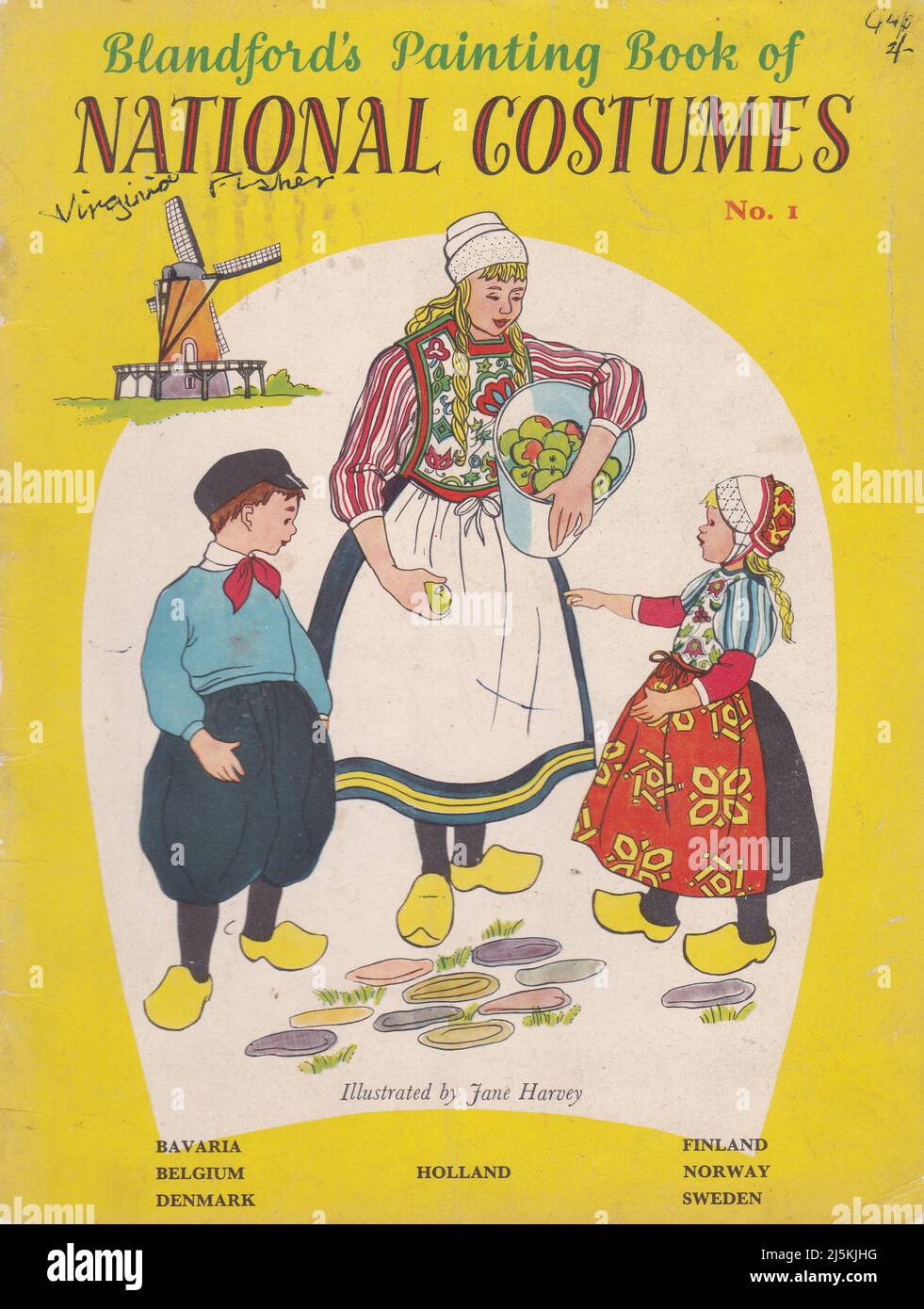 Vintage illustration of National Costumes - Bavaria, Belgium, Holland, Finland and Norway. Stock Photo