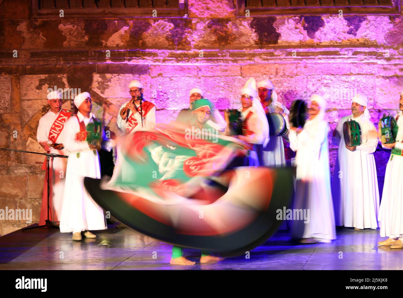 Cairo, Egypt. 23rd Apr, 2022. A dancer performs Tanoura, a traditional