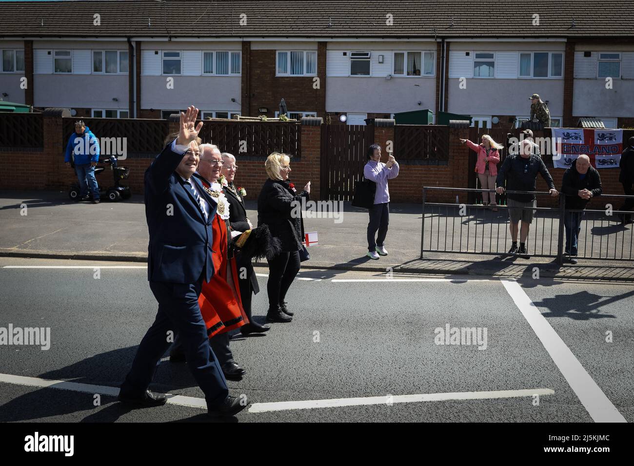 Manchester, UK. 24th Apr, 2022. Councillor Pat Karney leads the St Georges Day parade. Hundreds of people join in the annual celebration which marks the death of the patron Saint Of England.ÊAndy Barton/Alamy Live News Credit: Andy Barton/Alamy Live News Stock Photo