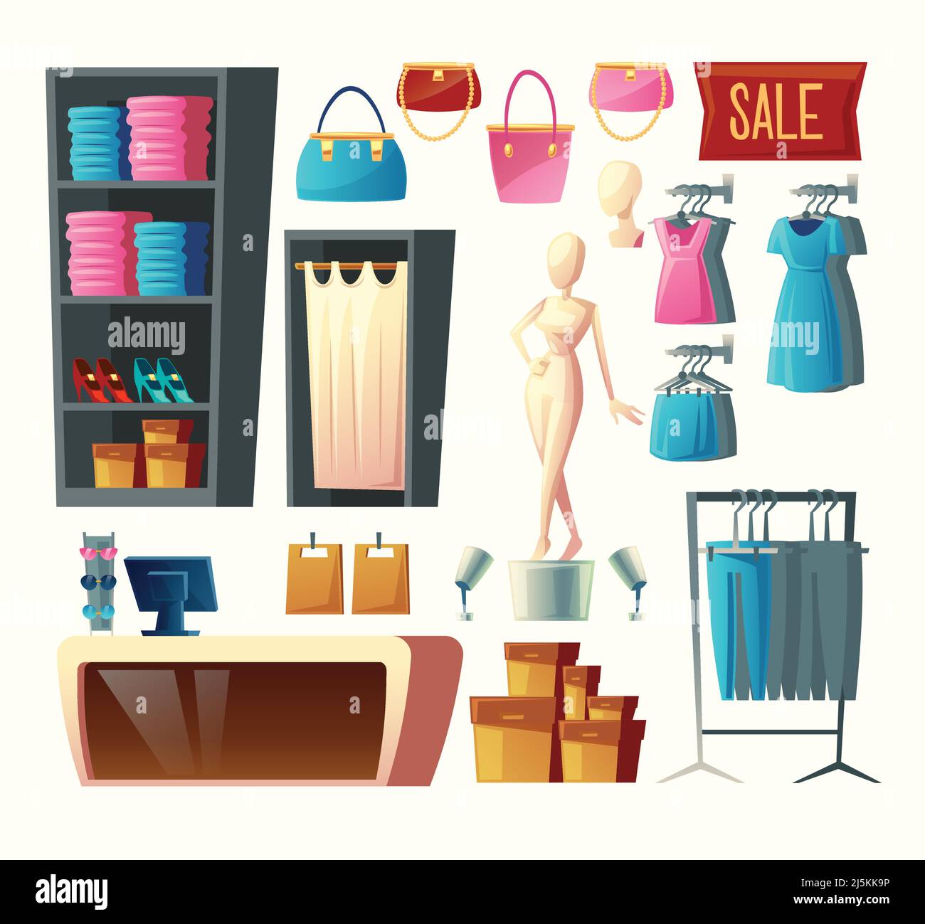 Vector clothing shop set wardrobe with clothes, dressing room and