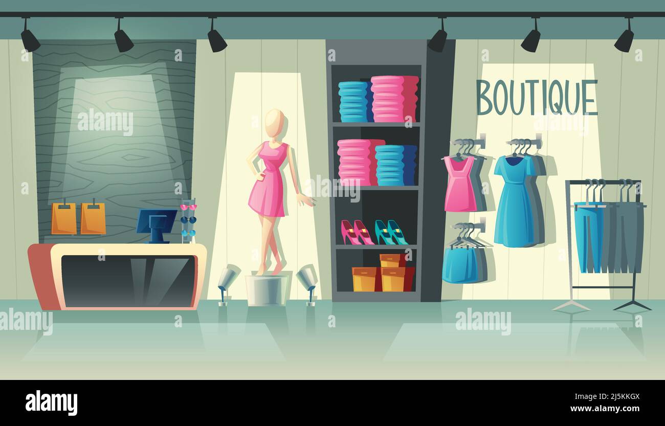 Vector clothing shop interior wardrobe with woman clothes, cartoon