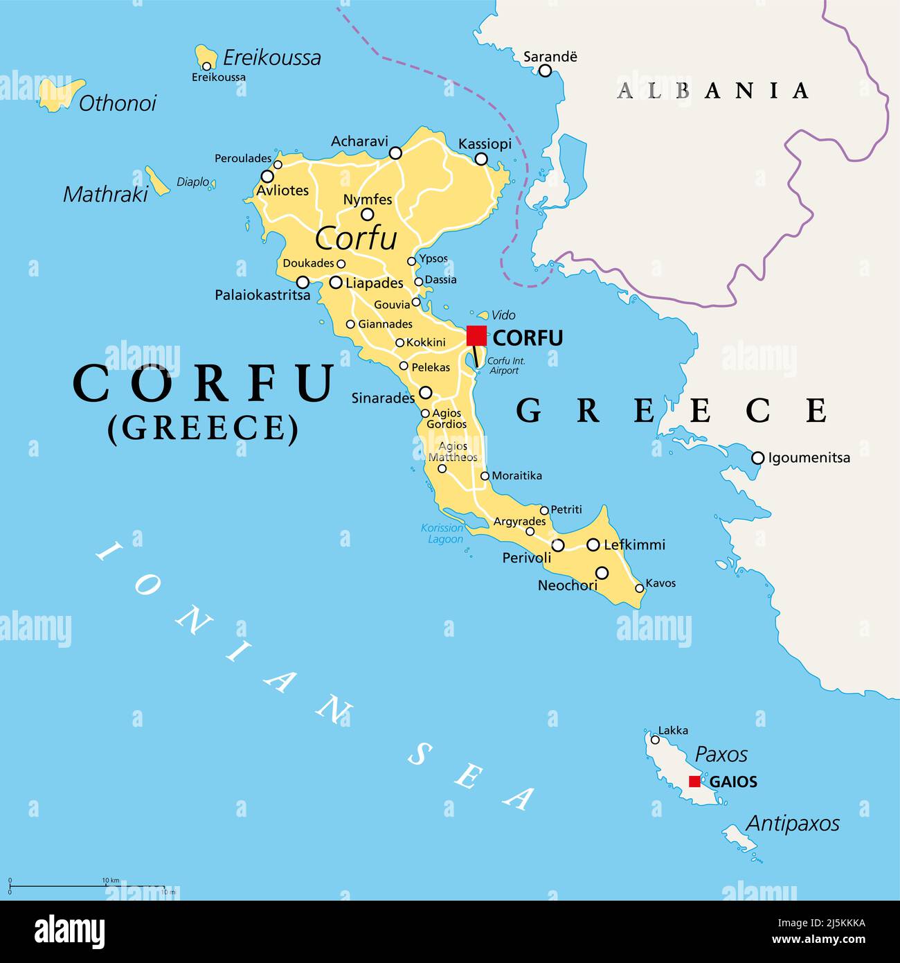 Corfu, island of Greece, political map. Also known as Kerkyra, a Greek island in the Ionian Sea and part of the Ionian Islands. Stock Photo