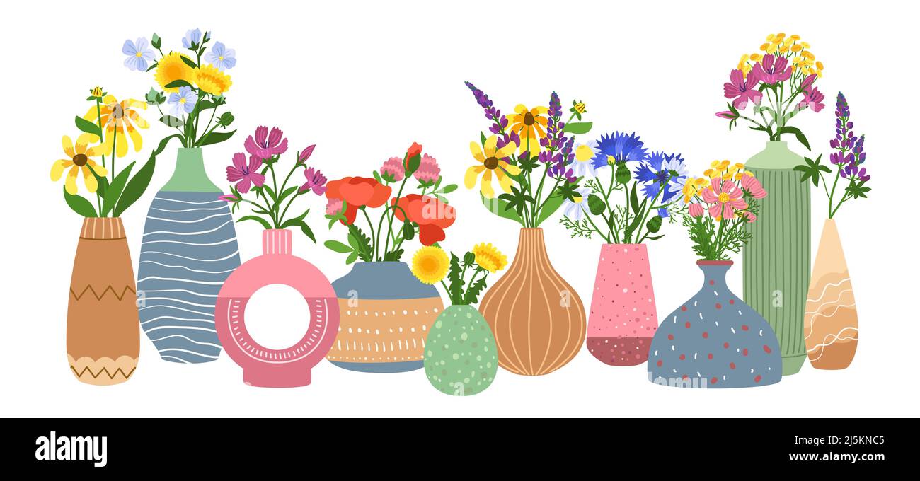 Ceramic vases with flowers. Interior floral pottery with gardens bouquets, different contemporary shapes, handmade porcelain bottles with plants Stock Vector