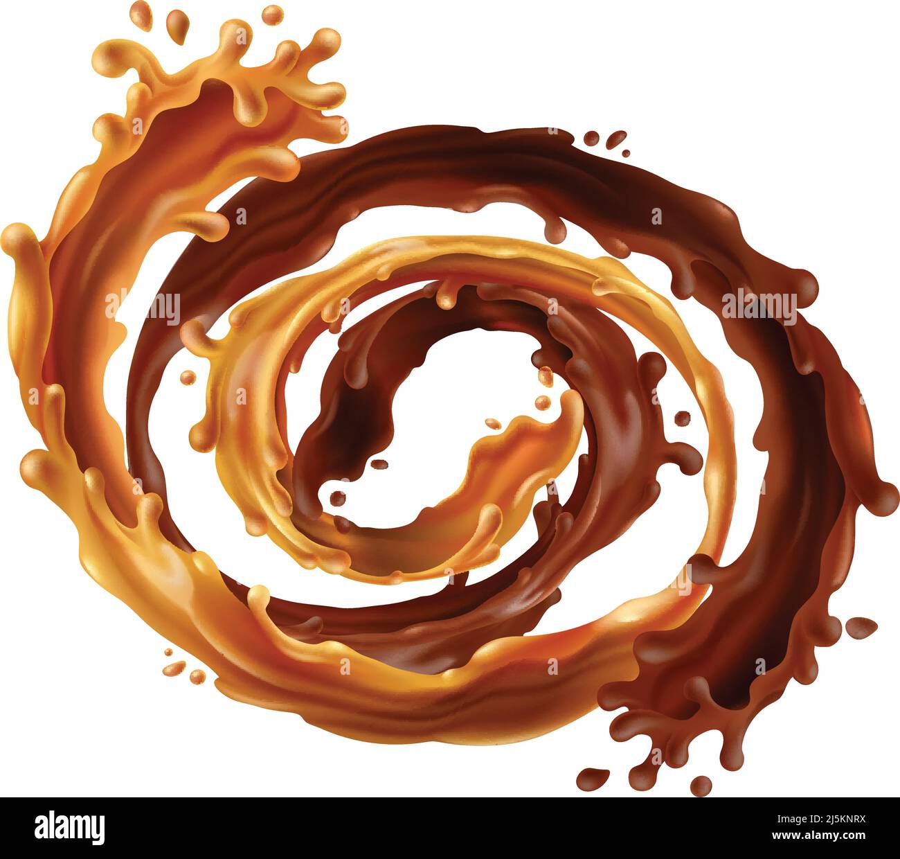 Vector 3d realistic swirl of hot chocolate and stream of caramel. Brown