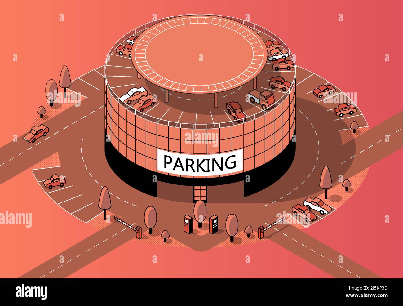 Vector 3d isometric round multi-storey parking with territory. Cars on covered building, urban garage in orange colors, made in black thin lines. Vehi Stock Vector