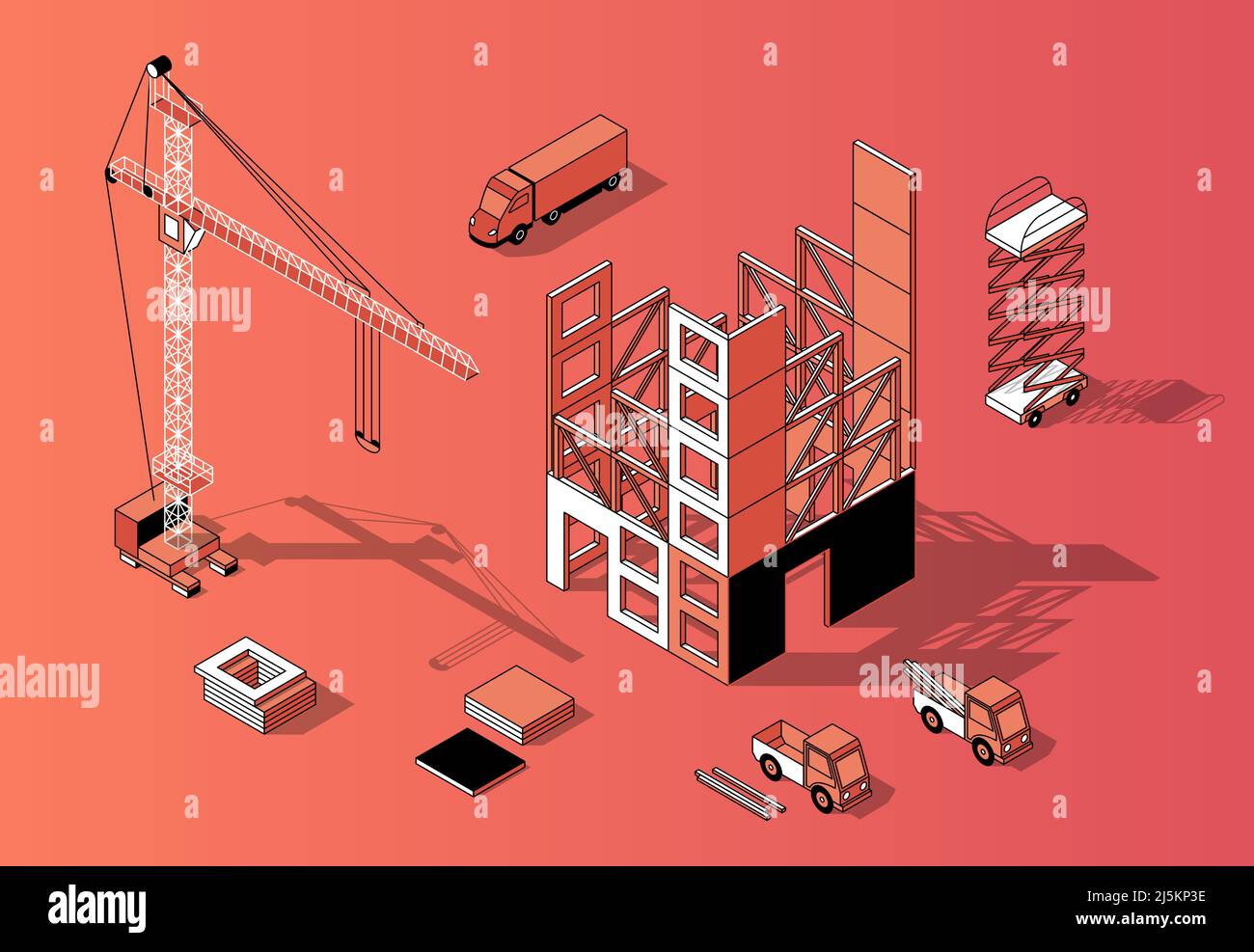 Vector 3d isometric construction site concept with unfinished building, crane and transport. Building exterior in orange colors, black thin lines. Urb Stock Vector