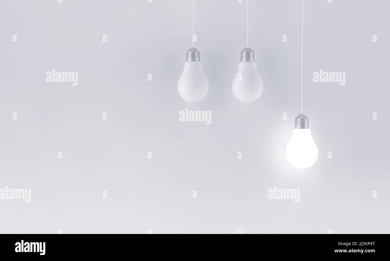 Hanging illuminated light bulb on minimalist white background. Innovation concept. 3D illustration. Stock Photo