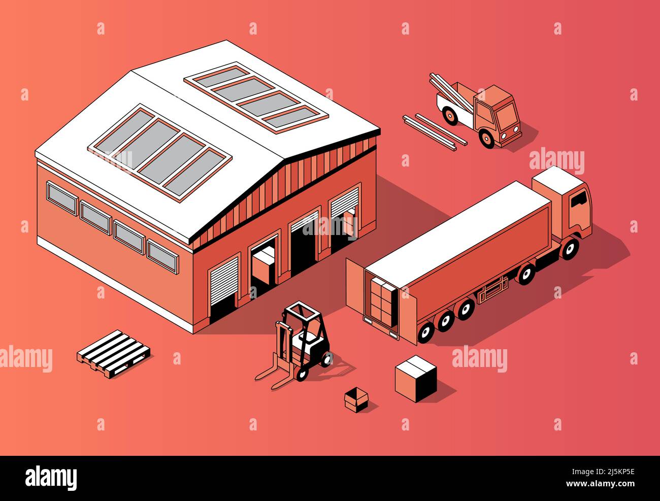 Vector 3d isometric warehouse with truck and forklift. Thin line style, transport logistics with storage building. Orange background with goods and re Stock Vector