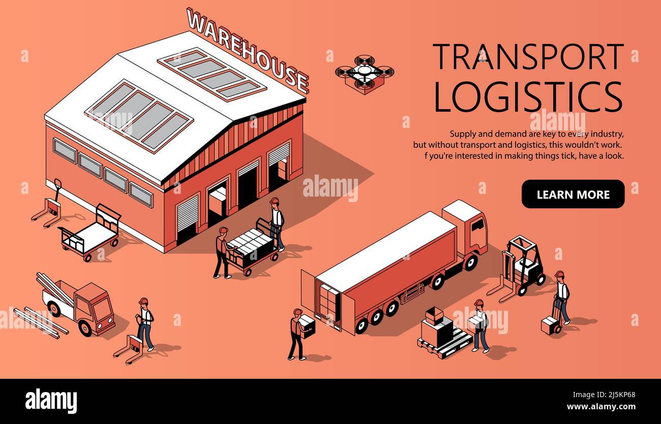 Vector 3d isometric site template with warehouse, truck and people. Thin line style, internet portal with button for transport logistics. Orange backg Stock Vector