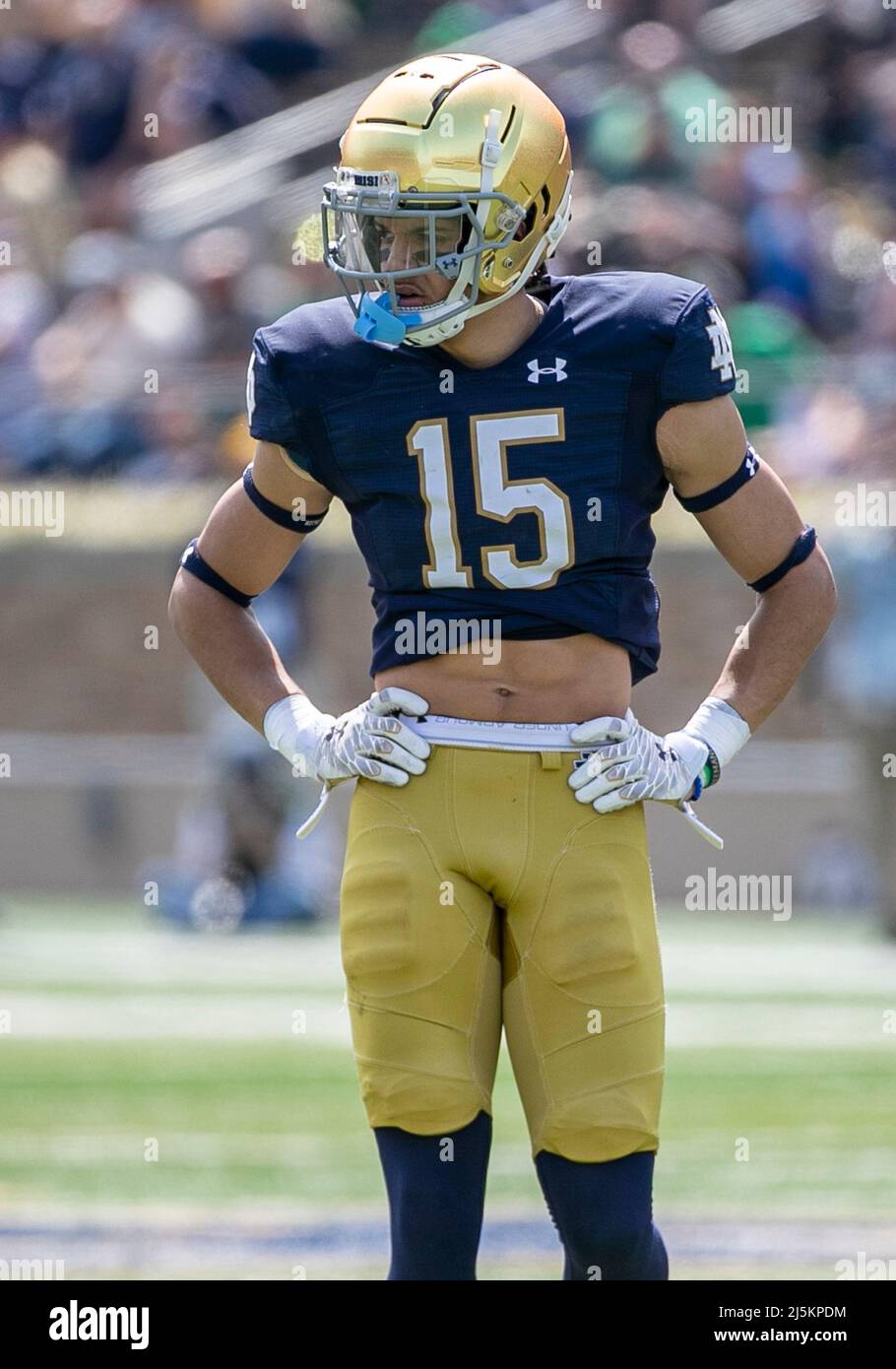 April 23, 2022: Notre Dame defensive back Ryan Barnes (15) during the Notre  Dame Annual Blue-Gold Spring football game at Notre Dame Stadium in South  Bend, Indiana. Gold defeated Blue 13-10. John