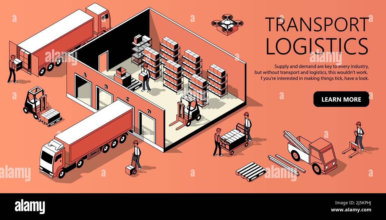Vector 3d isometric site template with warehouse, truck and people. Landing page in thin line style, internet portal with button for transport logisti Stock Vector
