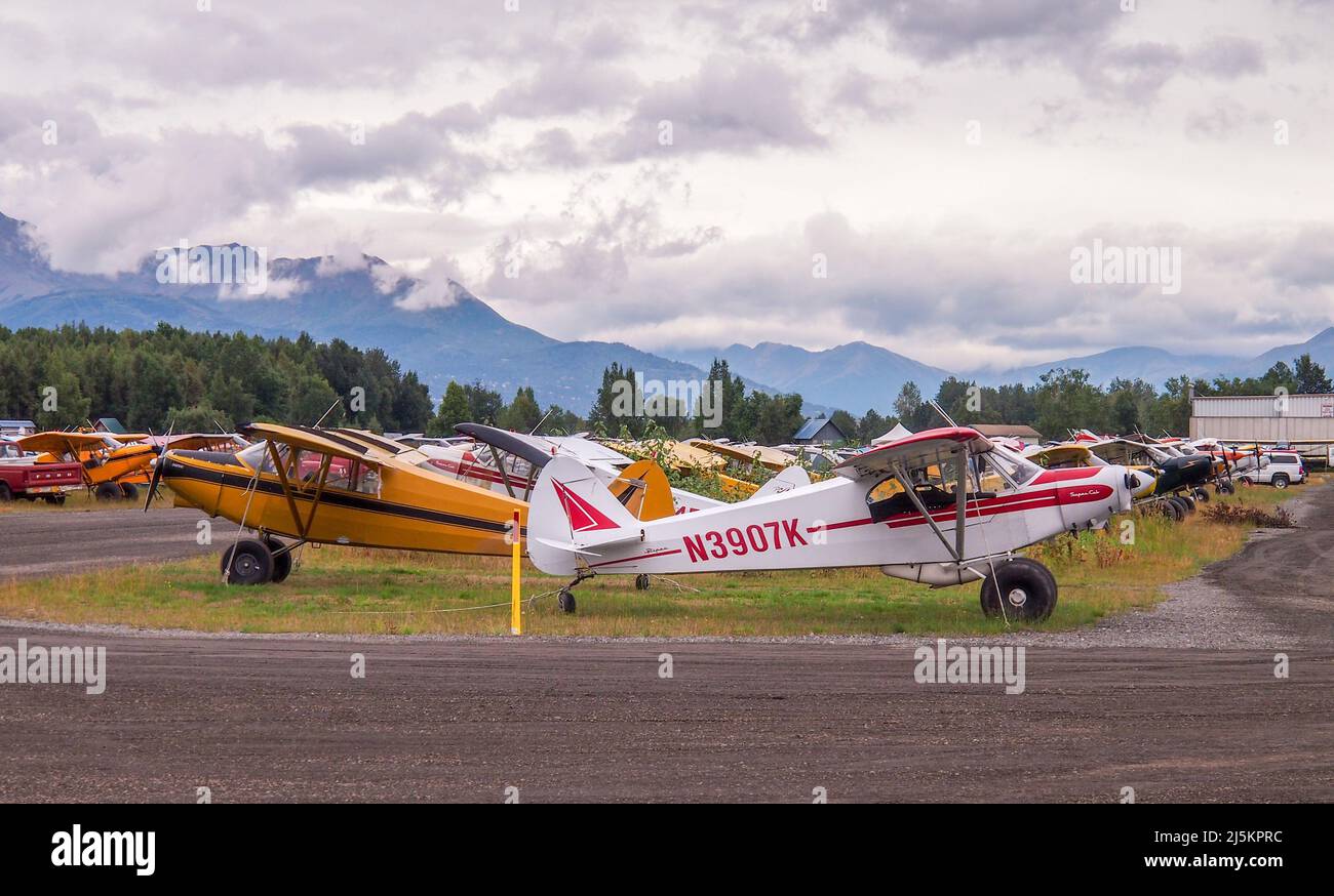 Bush airplanes parked at Lake Hood airstrip at Anchorage, Alaska Stock