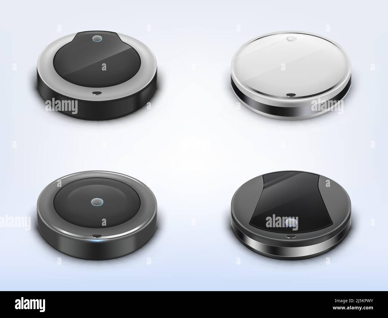 Vector realistic set with robotic vacuum cleaners, smart round robots using for housework