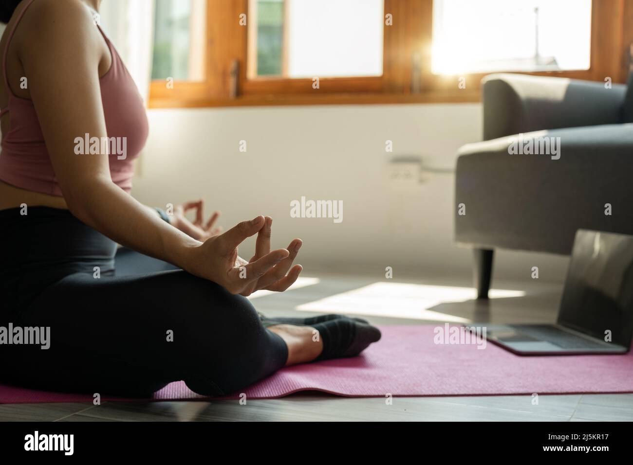 Concentrated lady taking online yoga lessons at home during pregnancy Stock  Photo - Alamy