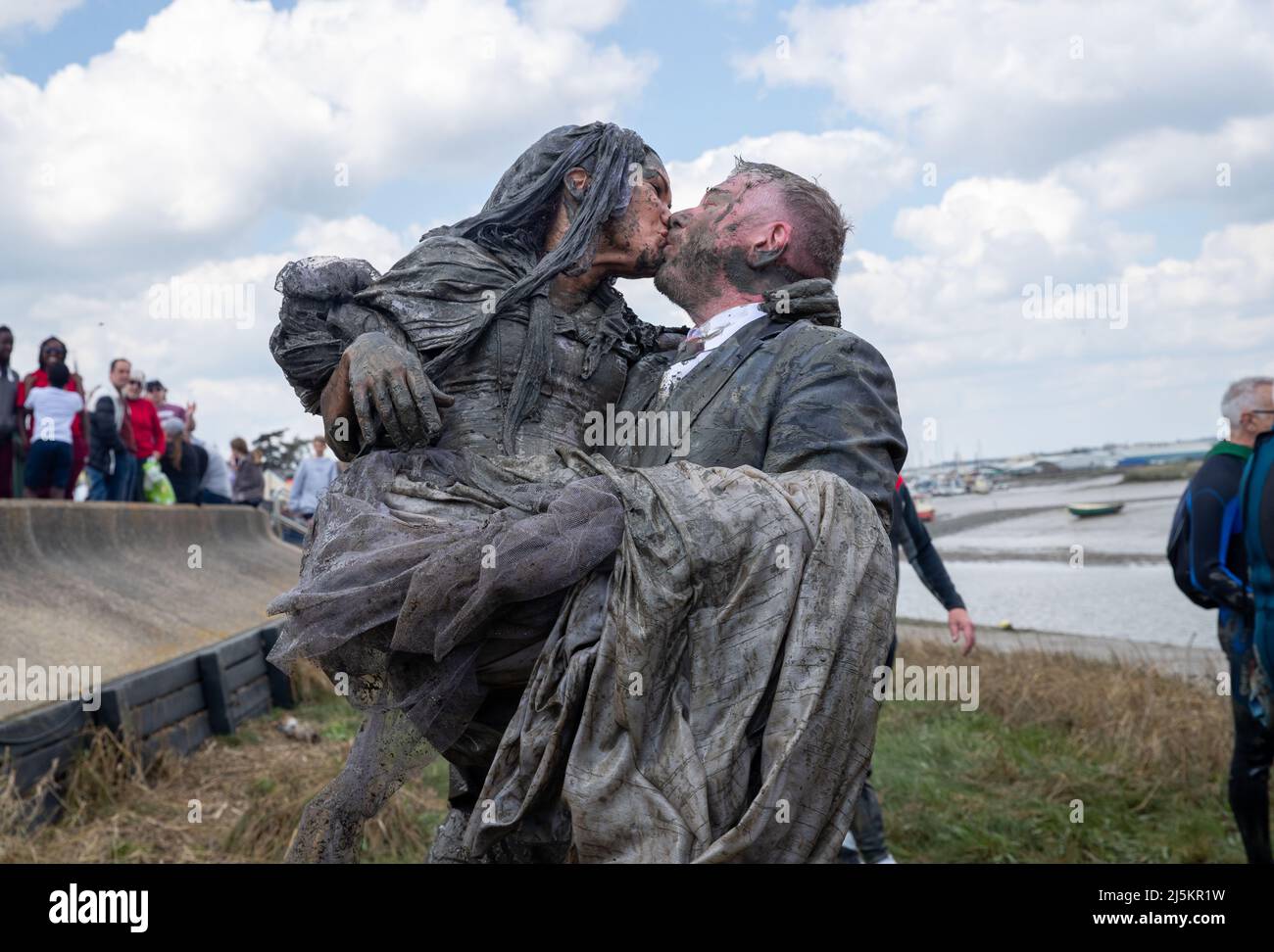 Maldon, Essex, UK. 24th April 2022. Competitors take part in the Maldon Mud Race in Maldon, Essex on April 24th 2022 as the race returns for the first time in two years. Credit: Lucy North/Alamy Live News Stock Photo