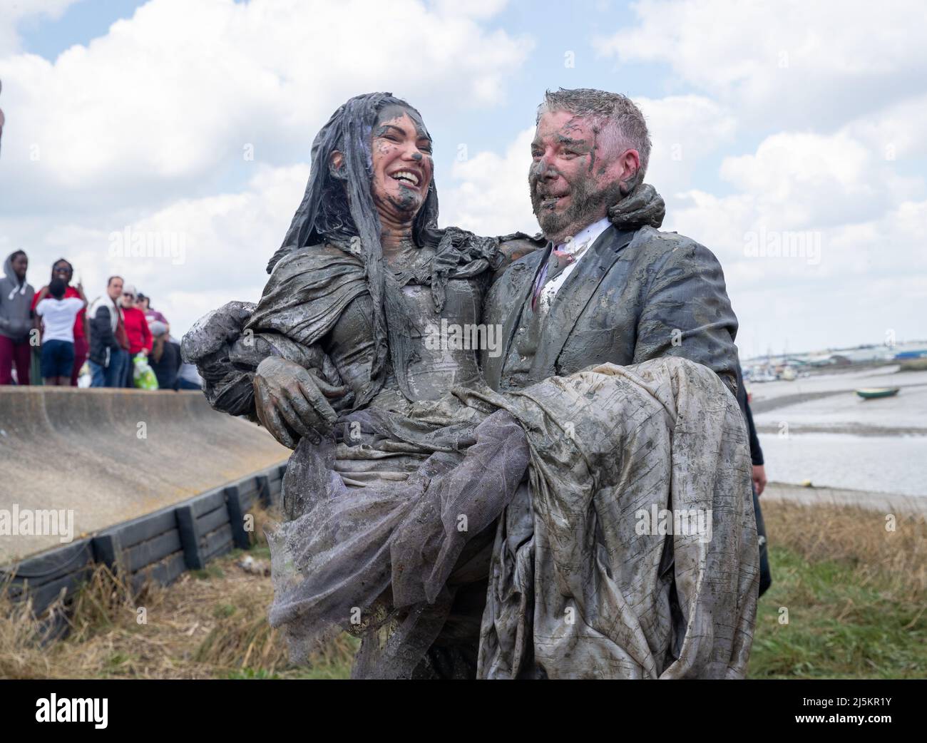 Maldon, Essex, UK. 24th April 2022. Competitors take part in the Maldon Mud Race in Maldon, Essex on April 24th 2022 as the race returns for the first time in two years. Credit: Lucy North/Alamy Live News Stock Photo