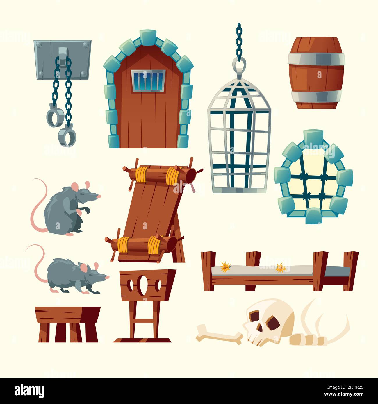 Vector cartoon set of medieval prison, torture objects - rack, shackles and metal hanging cage. Wooden bunks, barrel, pillory for punishment, window i Stock Vector