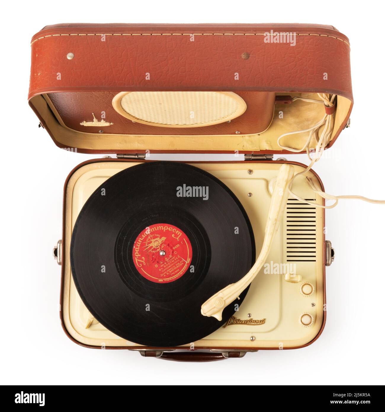 Above view of a vintage portable record player isolated on white Stock