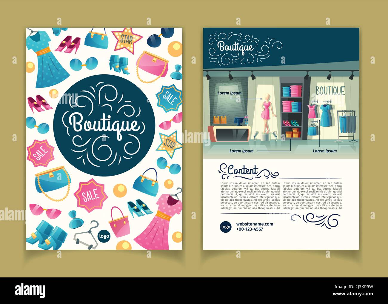 Vector brochures with girls boutique, female clothing shop. Booklet