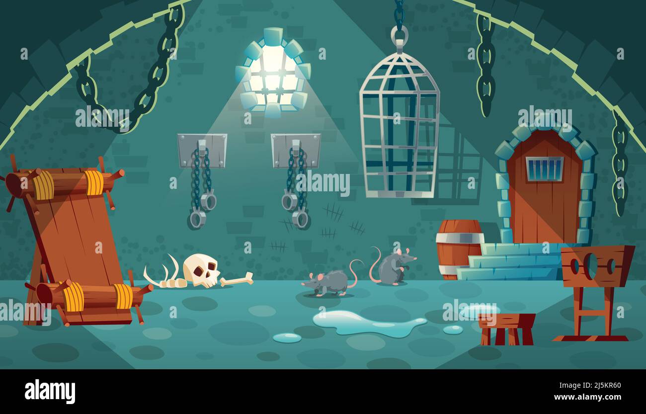 Vector concept illustration with medieval prison cell. Castle dungeon ...