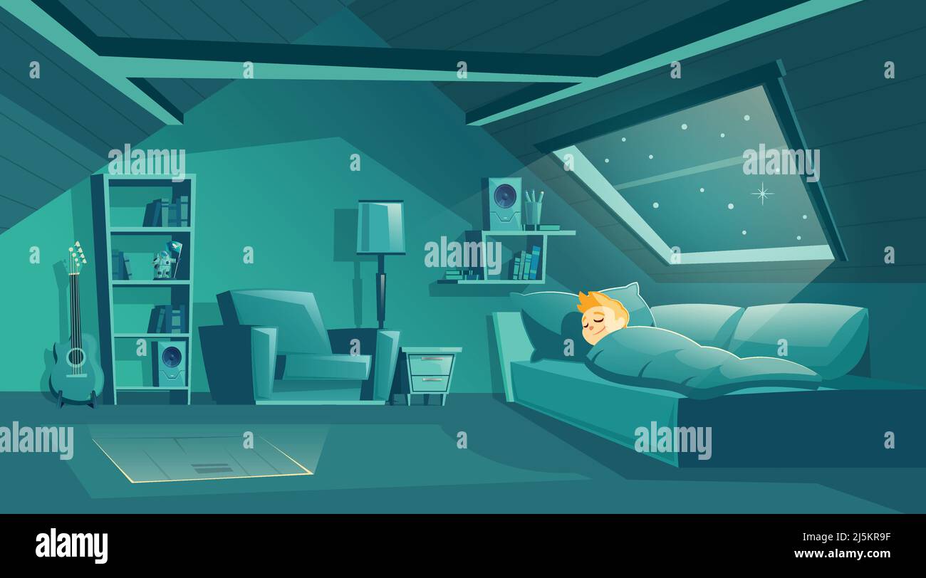 Vector cartoon attic room at night with boy sleeping on sofa, modern loft apartment under wooden roof. Bedroom for children, cozy cockloft with furnit Stock Vector