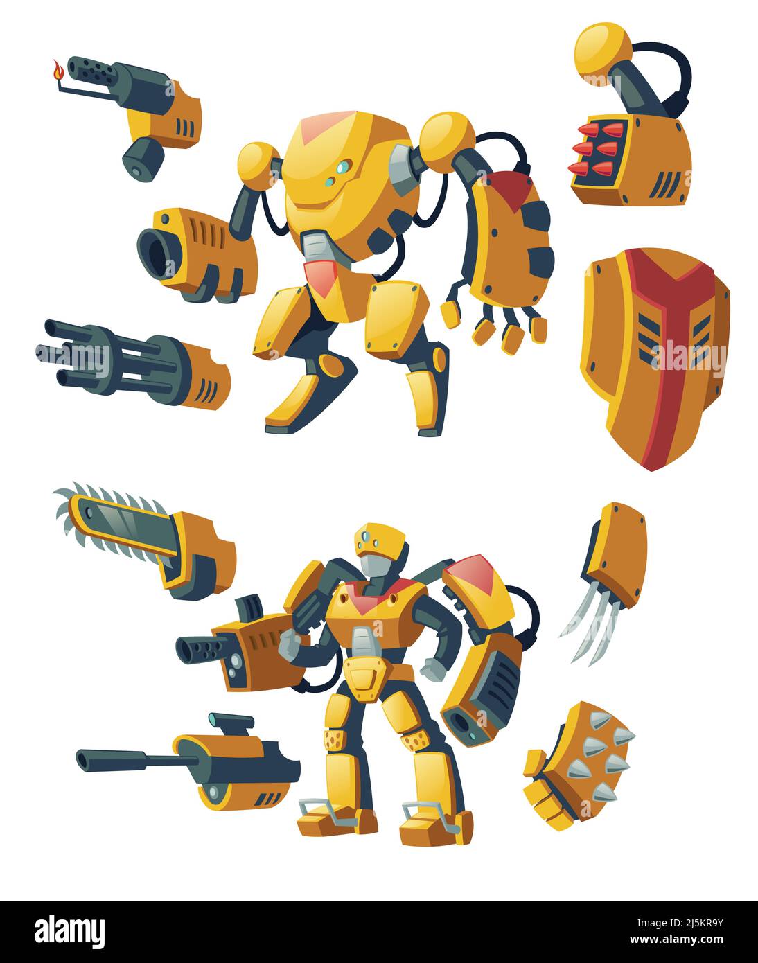 Vector cartoon androids, human soldiers in robotic combat exoskeletons with guns isolated on background. Battle robots with various weapons, cyborg hu Stock Vector