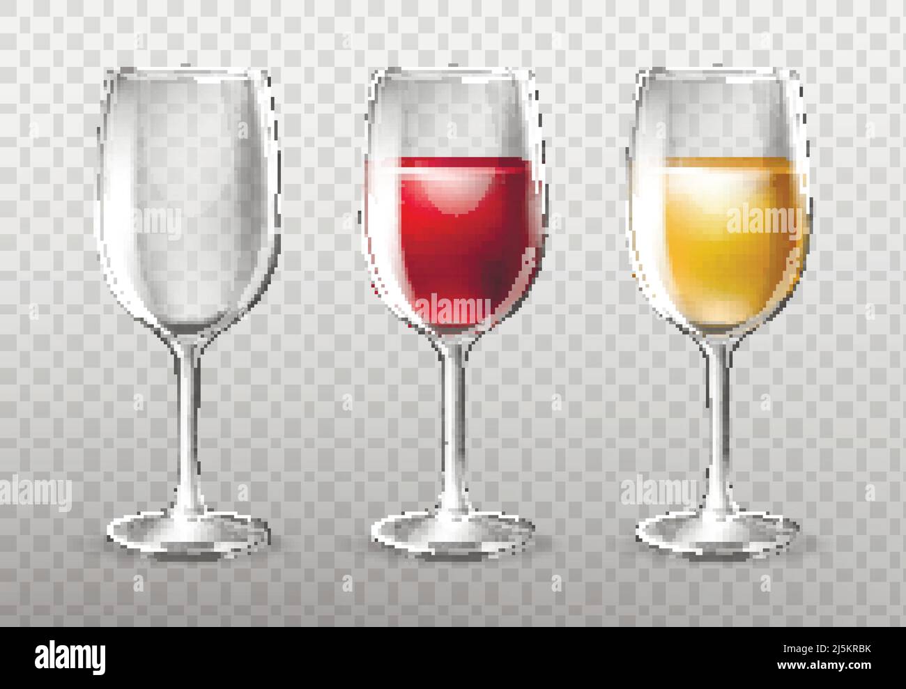 Three wine glasses, empty and full of red and white wine, vector 3D realistic illustration isolated on background. Transparent glassware, element desi Stock Vector