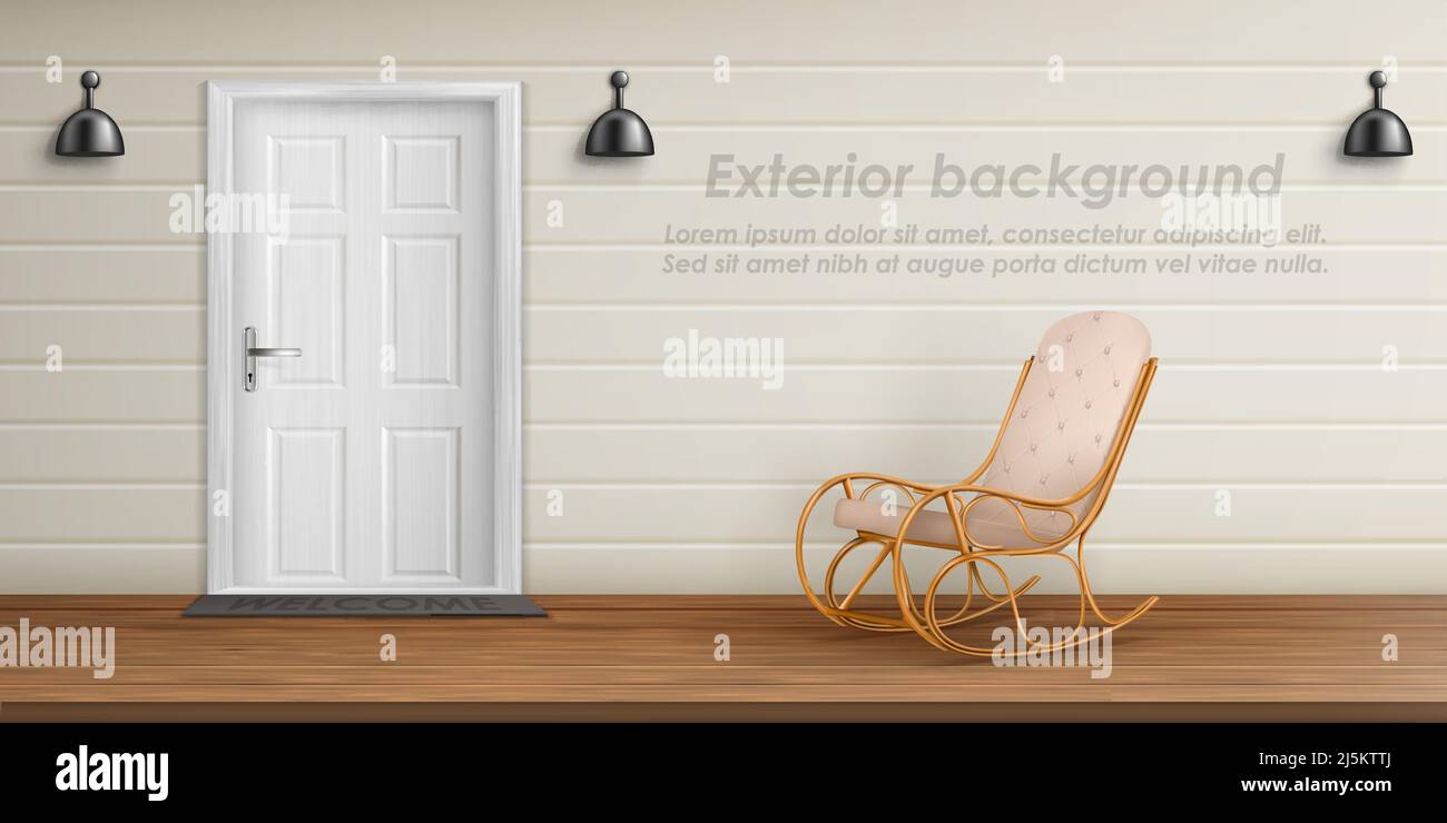 Vector exterior background with veranda facade. Empty terrace with rocking chair, front door with mat, white wall with lamps. Porch of country cottage Stock Vector