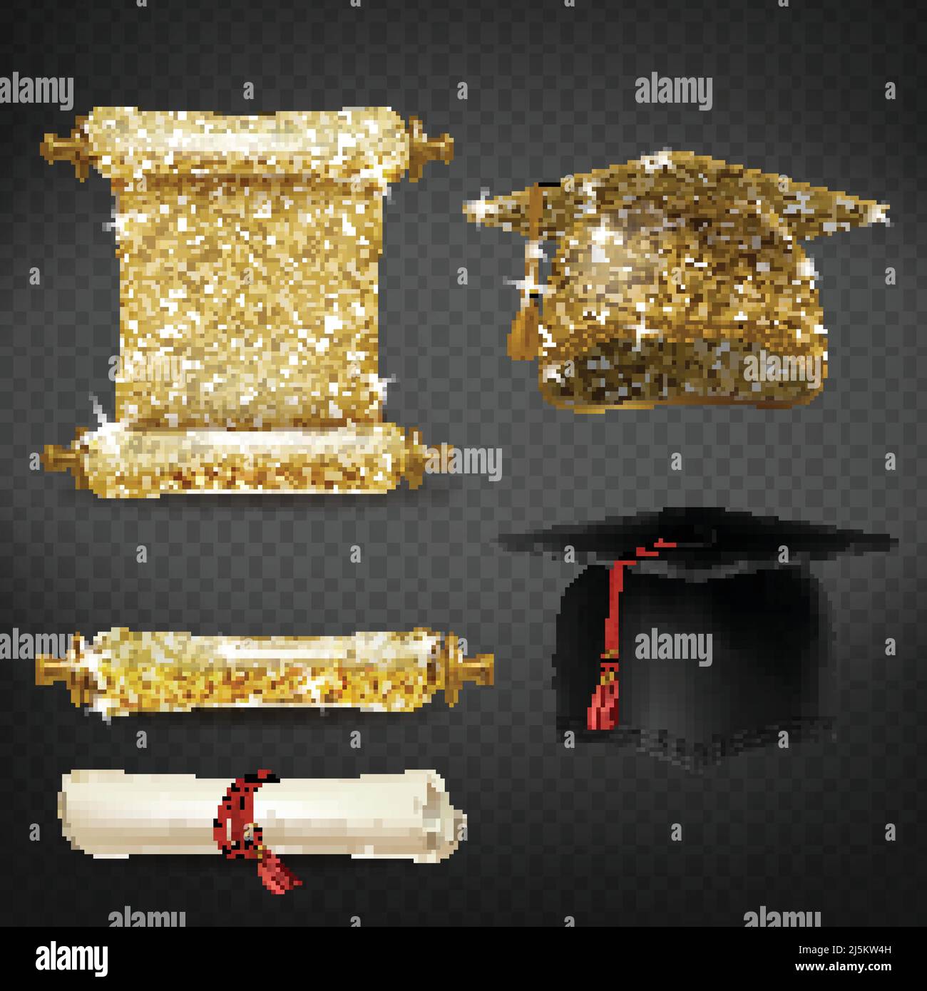 Vector set with black and golden graduation caps, glittering diplomas