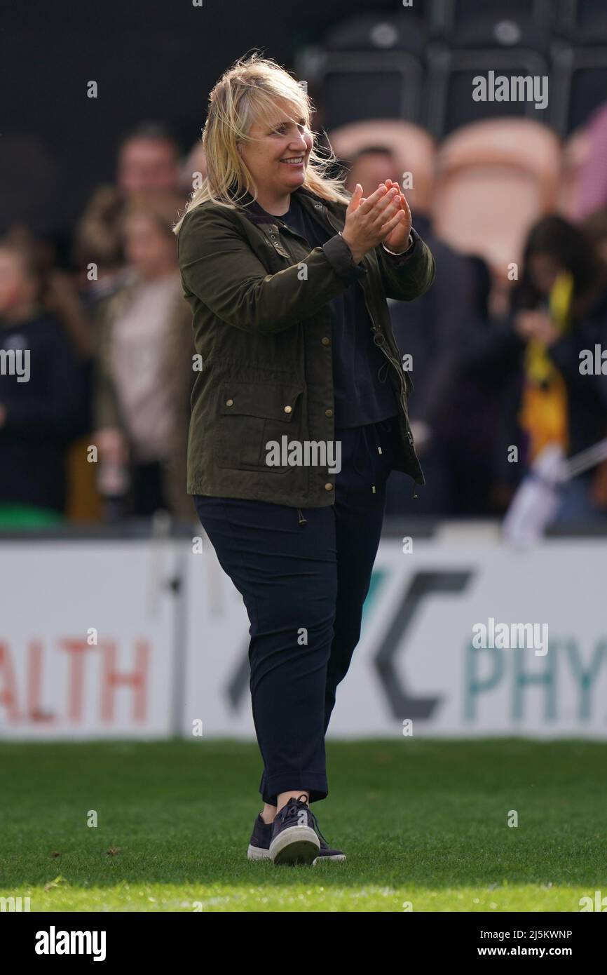 Chelsea manager Emma Hayes celebrates after the Barclays FA Women's Super League match at The Hive Stadium, London. Picture date: Sunday April 24, 2022. Stock Photo