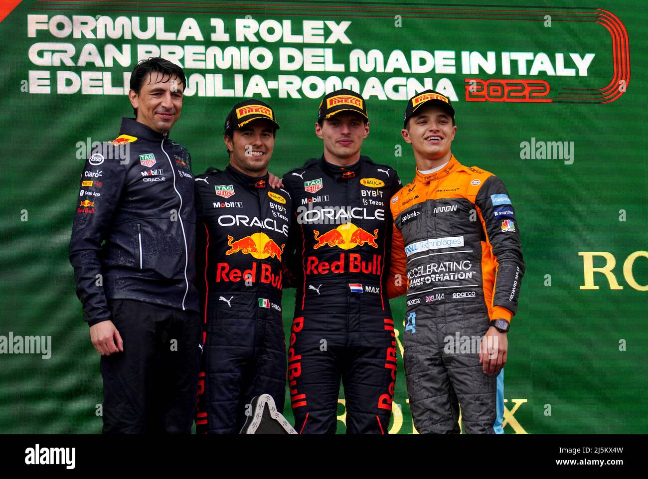 Red Bull Racing Technical Director Pierre Wache, Red Bull Racing's Sergio Perez, Red Bull's Max Verstappen and McLaren's Lando Norris on the podium after the Emilia Romagna Grand Prix at the Autodromo Internazionale Enzo e Dino Ferrari circuit in Italy, better known as Imola. Picture date: Sunday April 24, 2022. Stock Photo