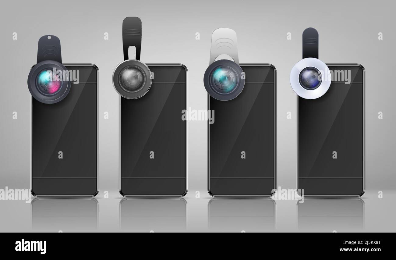 Vector realistic mockup, black smartphones with various clip-on lenses ...