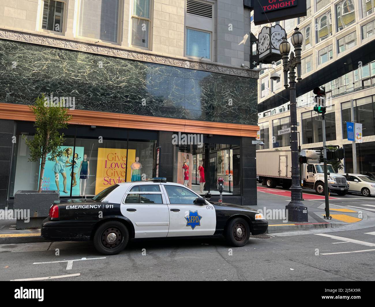 A San Francisco Police Department vehicle is parked in front of the Macy's store in Union Square