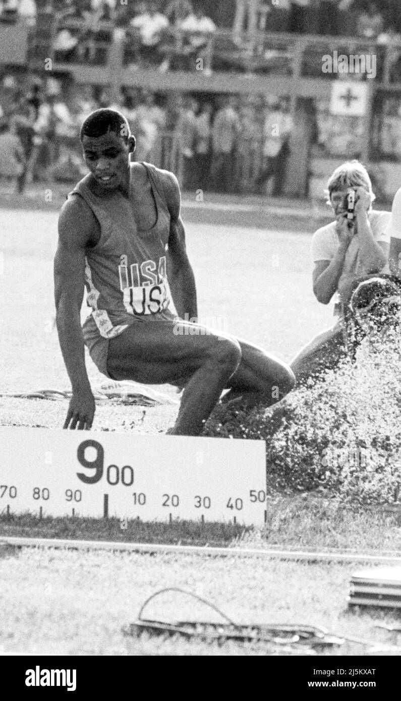 Carl Lewis USA long jump athlete at IAAF World Champion Ship in Helsinki Finland 1983 august Stock Photo