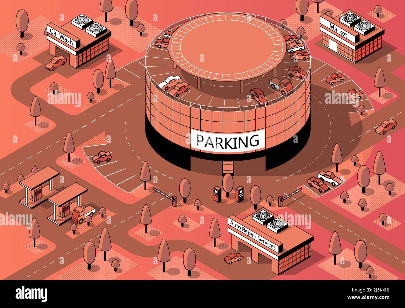 Vector 3d isometric territory for cars with round multi-storey parking. Vehicles on covered building, urban garage in orange colors, made in black thi Stock Vector