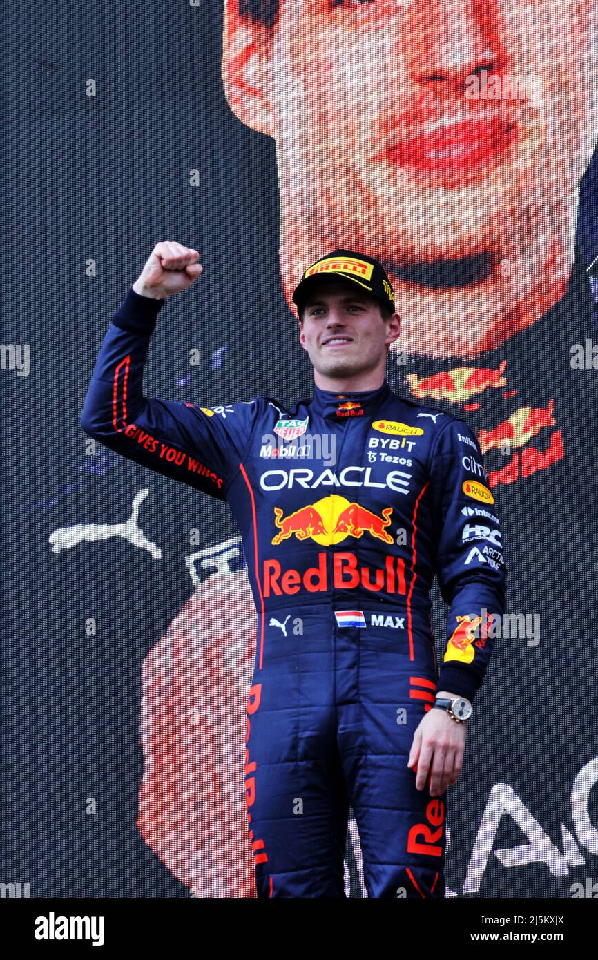 Race winner Max Verstappen (NLD) Red Bull Racing celebrates on the podium. 24.04.2022. Formula 1 World Championship, Rd 4, Emilia Romagna Grand Prix, Imola, Italy, Race Day.  Photo credit should read: XPB/Press Association Images. Stock Photo